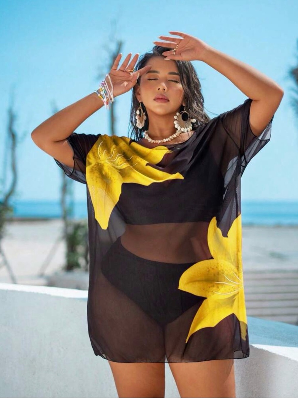 Swim Vcay Mesh Printed Loose Cropped Short Sleeve Beach CoverUp/Size US 12 (0XL)
